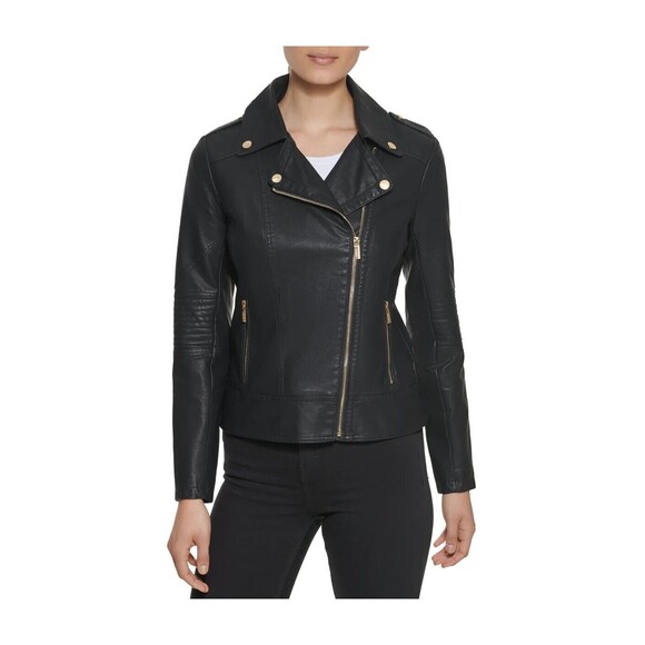 Guess Women's Black Asymmetric Faux Leather Zipper Moto Jacket Size XS NWT $150 - Picture 1 of 3